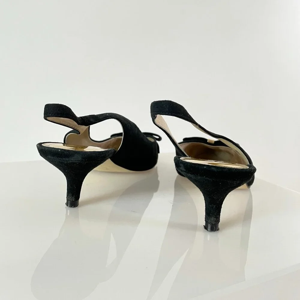 Minimalist | Michael Kors Black Suede Kitten Heel | Feminine Bow Gold Detail 9.5